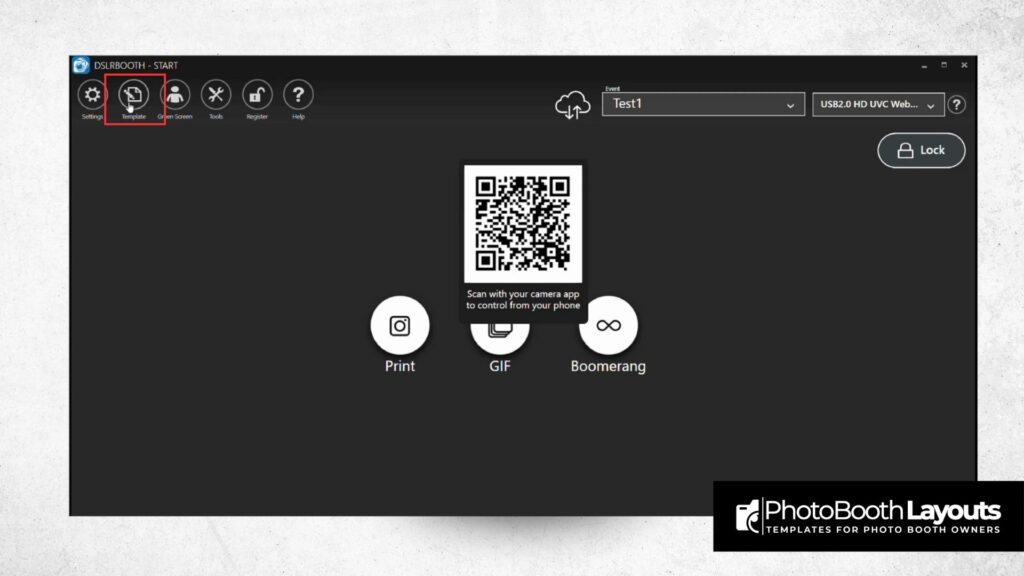 DSLRBooth Windows interface showing template import button highlighted and QR code for remote control.