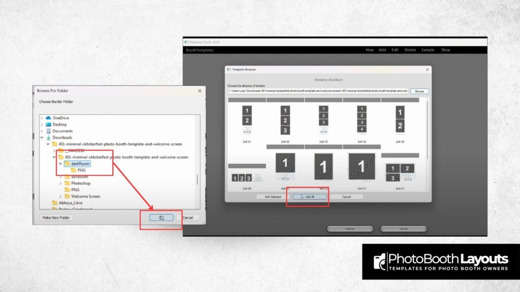 Importing templates into Darkroom Booth by selecting folder and clicking OK in template browser window.