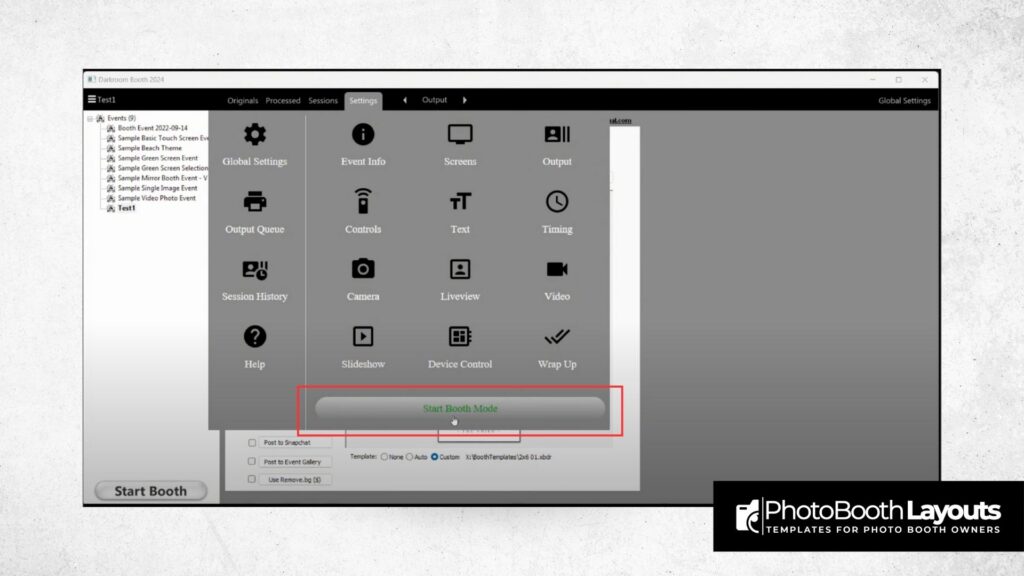 Darkroom Booth software interface showing how to edit text in photo booth templates with highlighted Start Booth Mode button.