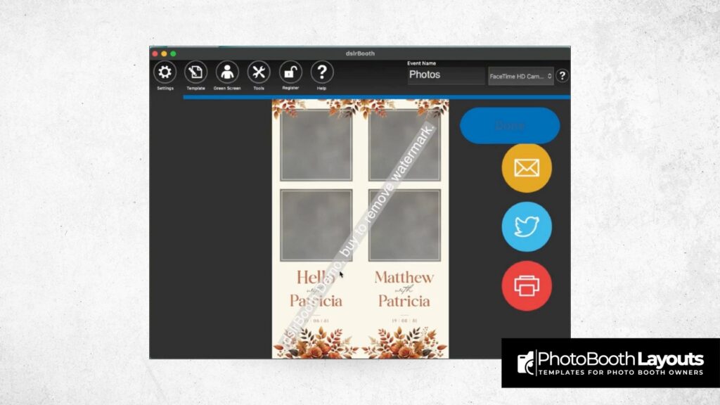 DSLRBooth template import screen on Mac showing autumn-themed photo booth layout with social media sharing options.