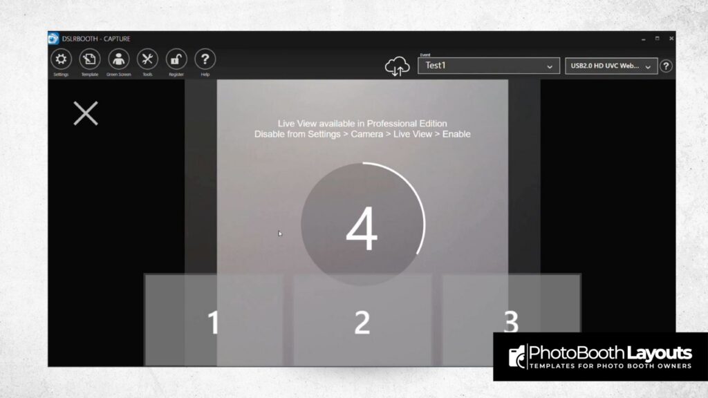 DSLRBooth template import and edit screen on Windows with countdown timer and PhotoBooth Layouts logo.